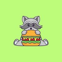 mignon raton laveur mangeant un hamburger. concept de dessin animé animal isolé. peut être utilisé pour un t-shirt, une carte de voeux, une carte d'invitation ou une mascotte. style cartoon plat vecteur