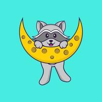 le raton laveur mignon est sur la lune. concept de dessin animé animal isolé. peut être utilisé pour un t-shirt, une carte de voeux, une carte d'invitation ou une mascotte. style cartoon plat vecteur