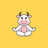 la vache mignonne médite ou fait du yoga. concept de dessin animé animal isolé. peut être utilisé pour un t-shirt, une carte de voeux, une carte d'invitation ou une mascotte. style cartoon plat vecteur