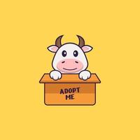 jolie vache en boite avec une affiche adopte moi. concept de dessin animé animal isolé. peut être utilisé pour un t-shirt, une carte de voeux, une carte d'invitation ou une mascotte. style cartoon plat vecteur