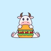 vache mignonne mangeant un hamburger. concept de dessin animé animal isolé. peut être utilisé pour un t-shirt, une carte de voeux, une carte d'invitation ou une mascotte. style cartoon plat vecteur