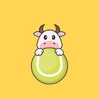 vache mignonne jouant au tennis. concept de dessin animé animal isolé. peut être utilisé pour un t-shirt, une carte de voeux, une carte d'invitation ou une mascotte. style cartoon plat vecteur