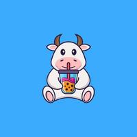 vache mignonne buvant du thé au lait boba. concept de dessin animé animal isolé. peut être utilisé pour un t-shirt, une carte de voeux, une carte d'invitation ou une mascotte. style cartoon plat vecteur