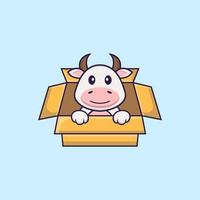 vache mignonne jouant dans la boîte. concept de dessin animé animal isolé. peut être utilisé pour un t-shirt, une carte de voeux, une carte d'invitation ou une mascotte. style cartoon plat vecteur