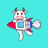 jolie vache volant sur une fusée. concept de dessin animé animal isolé. peut être utilisé pour un t-shirt, une carte de voeux, une carte d'invitation ou une mascotte. style cartoon plat vecteur