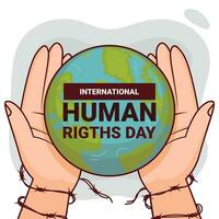 international Humain droits journée campagne avec deux mains dans barbelé câble en portant Terre vecteur