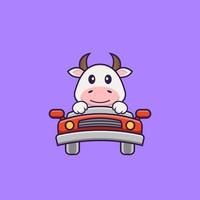 la vache mignonne conduit. concept de dessin animé animal isolé. peut être utilisé pour un t-shirt, une carte de voeux, une carte d'invitation ou une mascotte. style cartoon plat vecteur