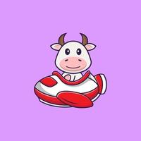 jolie vache volant dans un avion. concept de dessin animé animal isolé. peut être utilisé pour un t-shirt, une carte de voeux, une carte d'invitation ou une mascotte. style cartoon plat vecteur