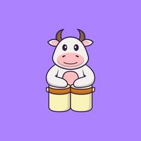 vache mignonne joue de la batterie. concept de dessin animé animal isolé. peut être utilisé pour un t-shirt, une carte de voeux, une carte d'invitation ou une mascotte. style cartoon plat vecteur