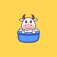 vache mignonne prenant un bain dans la baignoire. concept de dessin animé animal isolé. peut être utilisé pour un t-shirt, une carte de voeux, une carte d'invitation ou une mascotte. style cartoon plat vecteur