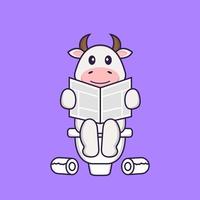 vache mignonne caca sur les toilettes et lire le journal. concept de dessin animé animal isolé. peut être utilisé pour un t-shirt, une carte de voeux, une carte d'invitation ou une mascotte. style cartoon plat vecteur