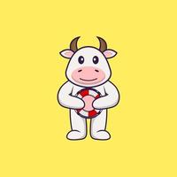 vache mignonne tenant une bouée. concept de dessin animé animal isolé. peut être utilisé pour un t-shirt, une carte de voeux, une carte d'invitation ou une mascotte. style cartoon plat vecteur