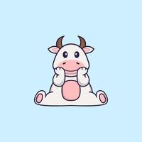 la vache mignonne est assise. concept de dessin animé animal isolé. peut être utilisé pour un t-shirt, une carte de voeux, une carte d'invitation ou une mascotte. style cartoon plat vecteur