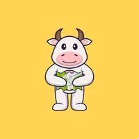 vache mignonne tenant une carte. concept de dessin animé animal isolé. peut être utilisé pour un t-shirt, une carte de voeux, une carte d'invitation ou une mascotte. style cartoon plat vecteur