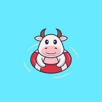 la vache mignonne nage avec une bouée. concept de dessin animé animal isolé. peut être utilisé pour un t-shirt, une carte de voeux, une carte d'invitation ou une mascotte. style cartoon plat vecteur