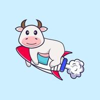 jolie vache volant sur une fusée. concept de dessin animé animal isolé. peut être utilisé pour un t-shirt, une carte de voeux, une carte d'invitation ou une mascotte. style cartoon plat vecteur