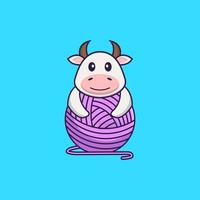 jolie vache jouant avec du fil de laine. concept de dessin animé animal isolé. peut être utilisé pour un t-shirt, une carte de voeux, une carte d'invitation ou une mascotte. style cartoon plat vecteur