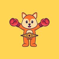 renard mignon en costume de boxeur avec ceinture de champion. concept de dessin animé animal isolé. peut être utilisé pour un t-shirt, une carte de voeux, une carte d'invitation ou une mascotte. style cartoon plat vecteur