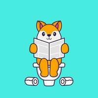 mignon renard caca sur les toilettes et lire le journal. concept de dessin animé animal isolé. peut être utilisé pour un t-shirt, une carte de voeux, une carte d'invitation ou une mascotte. style cartoon plat vecteur