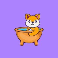 renard mignon prenant un bain dans la baignoire. concept de dessin animé animal isolé. peut être utilisé pour un t-shirt, une carte de voeux, une carte d'invitation ou une mascotte. style cartoon plat vecteur