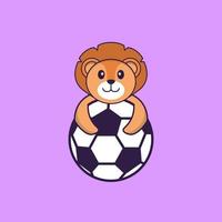 lion mignon jouant au football. concept de dessin animé animal isolé. peut être utilisé pour un t-shirt, une carte de voeux, une carte d'invitation ou une mascotte. style cartoon plat vecteur