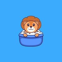 lion mignon prenant un bain dans la baignoire. concept de dessin animé animal isolé. peut être utilisé pour un t-shirt, une carte de voeux, une carte d'invitation ou une mascotte. style cartoon plat vecteur