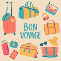 une ensemble de Voyage accessoires pour des loisirs. divers bagage Sacs, les valises, produits de beauté, une ensemble de des choses pour une confortable voyage sur planche le avion. bon voyage texte vecteur