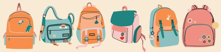 une ensemble de école sacs à dos. différent mignonne les enfants Sacs. coloré sacs à dos pour des gamins et étudiants. vecteur