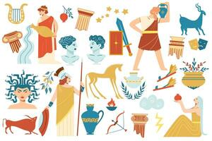 vecteur illustration de une bouquet de antique panneaux et symboles. symboles de le dieux de ancien Grèce. éléments de mythologie. dieux, animaux, des vases et Colonnes.