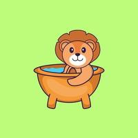 lion mignon prenant un bain dans la baignoire. concept de dessin animé animal isolé. peut être utilisé pour un t-shirt, une carte de voeux, une carte d'invitation ou une mascotte. style cartoon plat vecteur