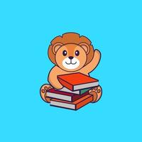 lion mignon lisant un livre. concept de dessin animé animal isolé. peut être utilisé pour un t-shirt, une carte de voeux, une carte d'invitation ou une mascotte. style cartoon plat vecteur