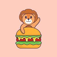 lion mignon mangeant un hamburger. concept de dessin animé animal isolé. peut être utilisé pour un t-shirt, une carte de voeux, une carte d'invitation ou une mascotte. style cartoon plat vecteur