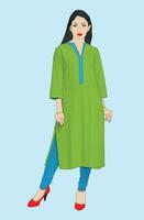 américain pakistanais femmes dans une traditionnel robe avec serré pyjamas. shalwar kameez vecteur