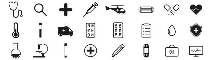 médicament Icônes ensemble. médical Icônes dans noir. santé se soucier symbole. contour vaccination collection. médicament ensemble. vecteur eps dix