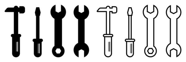 réparation un service boîte à outils. entretien clé et marteau silhouette Icônes. isolé clé et Tournevis symboles sur blanc Contexte. réglages pictogramme. réparer emblème. vecteur eps dix.
