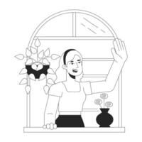 femme en disant Bonjour bw concept vecteur place illustration. caucasien fille sur balcon, voisine 2d dessin animé plat ligne monochromatique personnage pour la toile ui conception. modifiable isolé contour héros image