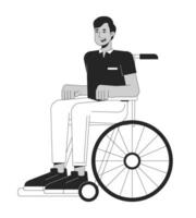 Indien homme dans fauteuil roulant plat ligne noir blanc vecteur personnage. la personne avec invalidité. Jeune homme. modifiable contour plein corps personne. Facile dessin animé isolé place illustration pour la toile graphique conception