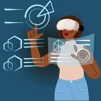 femme portant virtuel réalité des lunettes ,vr interagir et explorant une virtuel monde. virtuel réalité La technologie pour mental et physique santé. vecteur