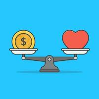 équilibre entre argent et cœur vecteur icône illustration. argent ou l'amour plat icône
