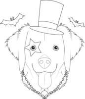 Halloween salutation carte pour coloration. d'or retriever chien avec Haut chapeau, chaîne Collier et une crâne, et un œil tatouage vecteur