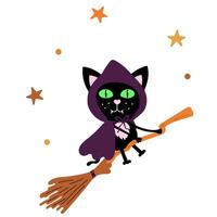 mignonne noir chat habillé comme une sorcière. content Halloween autocollant. vacances clipart avec chat en volant sur une balai dans le nuit ciel vecteur