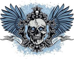 signe gothique avec crâne et ailes bleues, t-shirts design vintage grunge vecteur