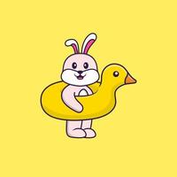 lapin mignon avec bouée de canard. concept de dessin animé animal isolé. peut être utilisé pour un t-shirt, une carte de voeux, une carte d'invitation ou une mascotte. style cartoon plat vecteur