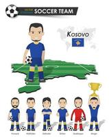 équipe nationale de la coupe de football du Kosovo. joueur de football avec maillot de sport se tient sur la carte du pays du champ de perspective et la carte du monde. ensemble de positions de footballeur. design plat de personnage de dessin animé. vecteur. vecteur