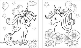 coloration page avec mignonne Licorne. vecteur noir et blanc image pour les enfants. cool licornes avec arc-en-ciel, fleurs, bonbons.