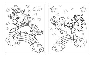 coloration page avec mignonne Licorne. vecteur noir et blanc image pour les enfants. cool licornes avec arc-en-ciel, fleurs, bonbons.