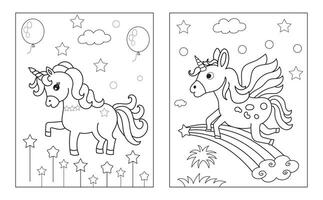 coloration page avec mignonne Licorne. vecteur noir et blanc image pour les enfants. cool licornes avec arc-en-ciel, fleurs, bonbons.