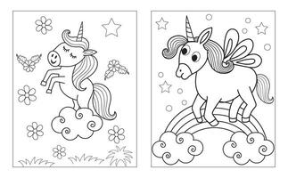 coloration page avec mignonne Licorne. vecteur noir et blanc image pour les enfants. cool licornes avec arc-en-ciel, fleurs, bonbons.