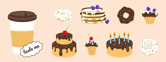 ensemble de bonbons dans plat style. Donut, crêpe, pièce de gâteau, gâteau, verre de café et autre bonbons. vecteur illustration, minimalisme.