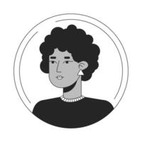 foncé aux cheveux afro femme noir blanc dessin animé avatar icône. frisé cheveux. mignonne affronter. modifiable 2d personnage utilisateur portrait, linéaire plat illustration. vecteur visage profil. contour la personne tête et épaules